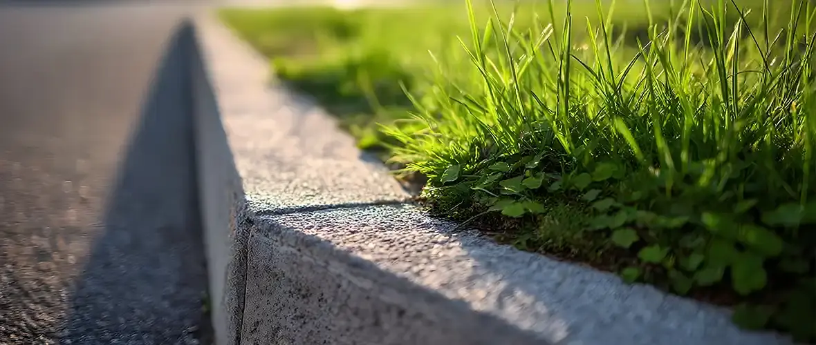 Concrete landscape curb edging along grass showing modern yard border style options.