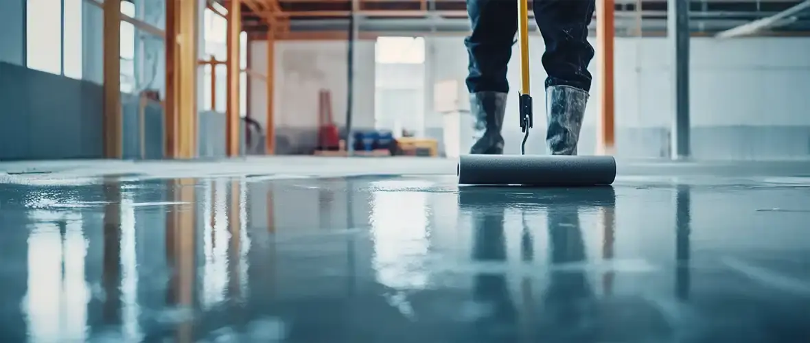 Worker sealing stamped decorative concrete to protect it from rain and cold weather in the Pacific Northwest.
