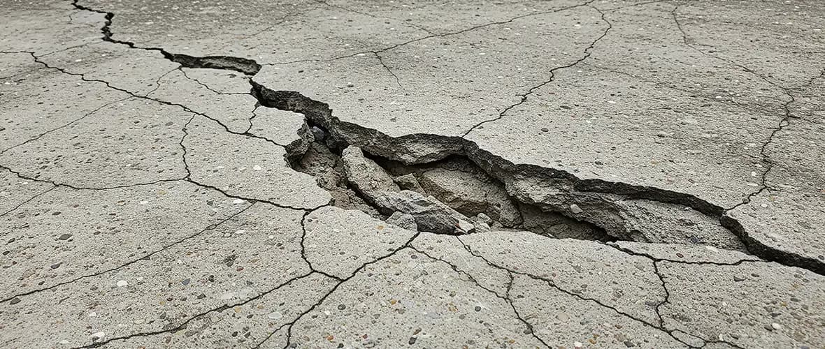Detailed view of cracked concrete illustrating common maintenance mistakes that lead to premature concrete failure.