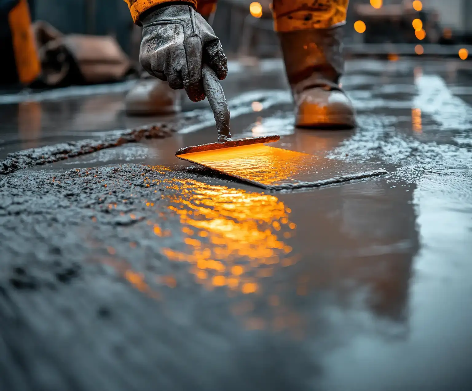 Construction worker smoothing wet concrete surface during professional concrete repair