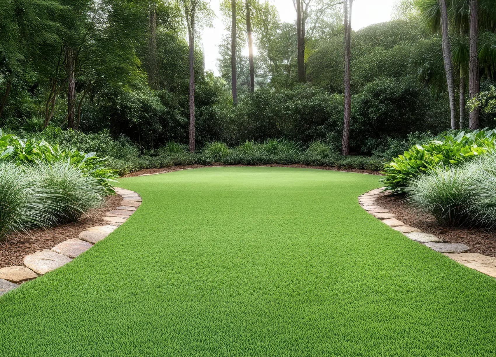 Decorative concrete landscape curbing bordering a green lawn and garden bed
