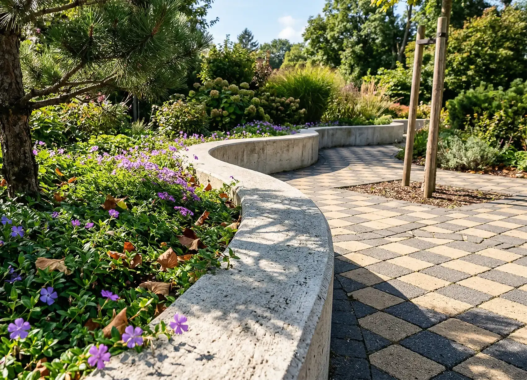 Decorative concrete walkway installation with curved garden path and border Washington residential landscaping