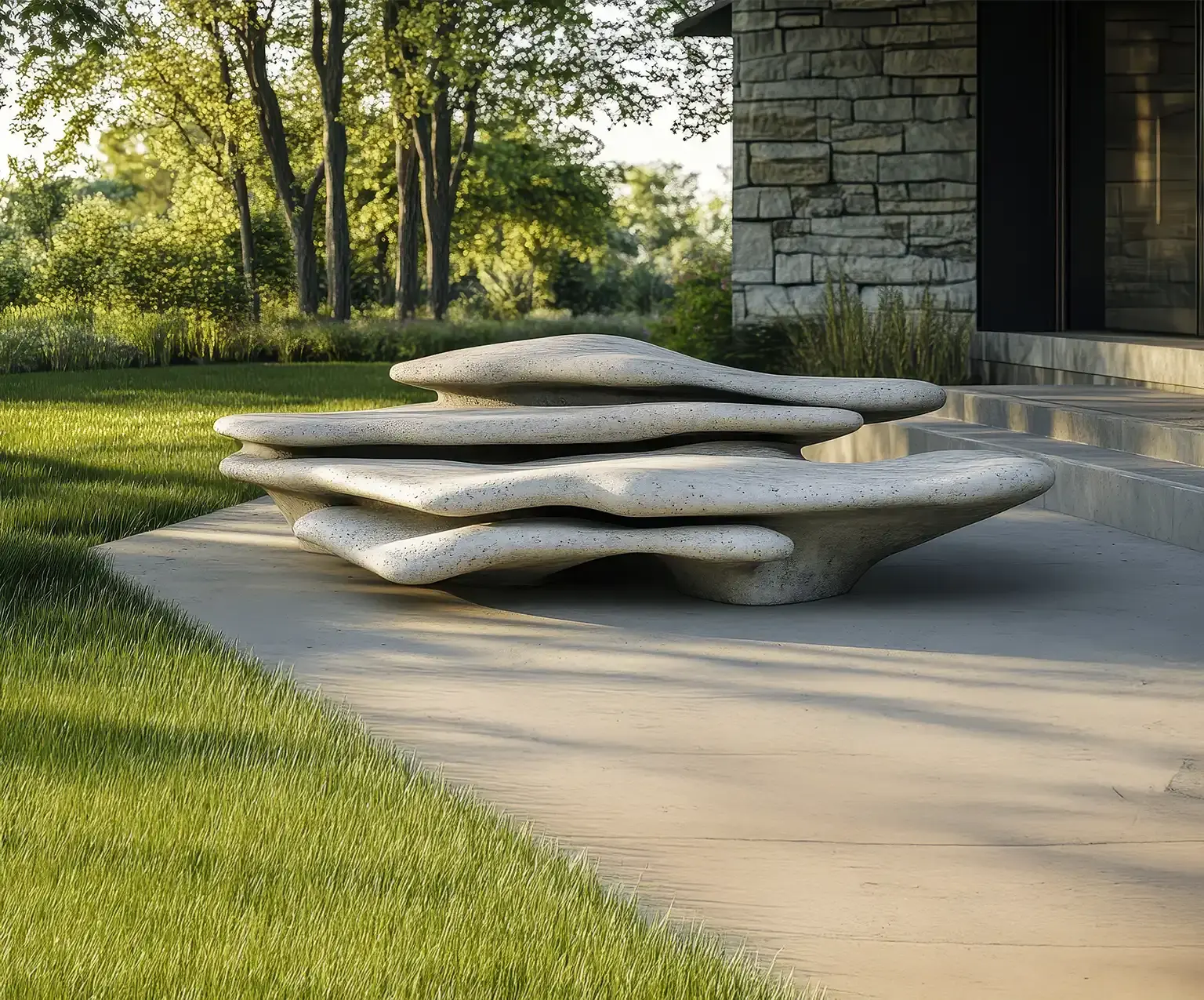 Decorative concrete finish sidewalk with stone-style bench in a landscaped park