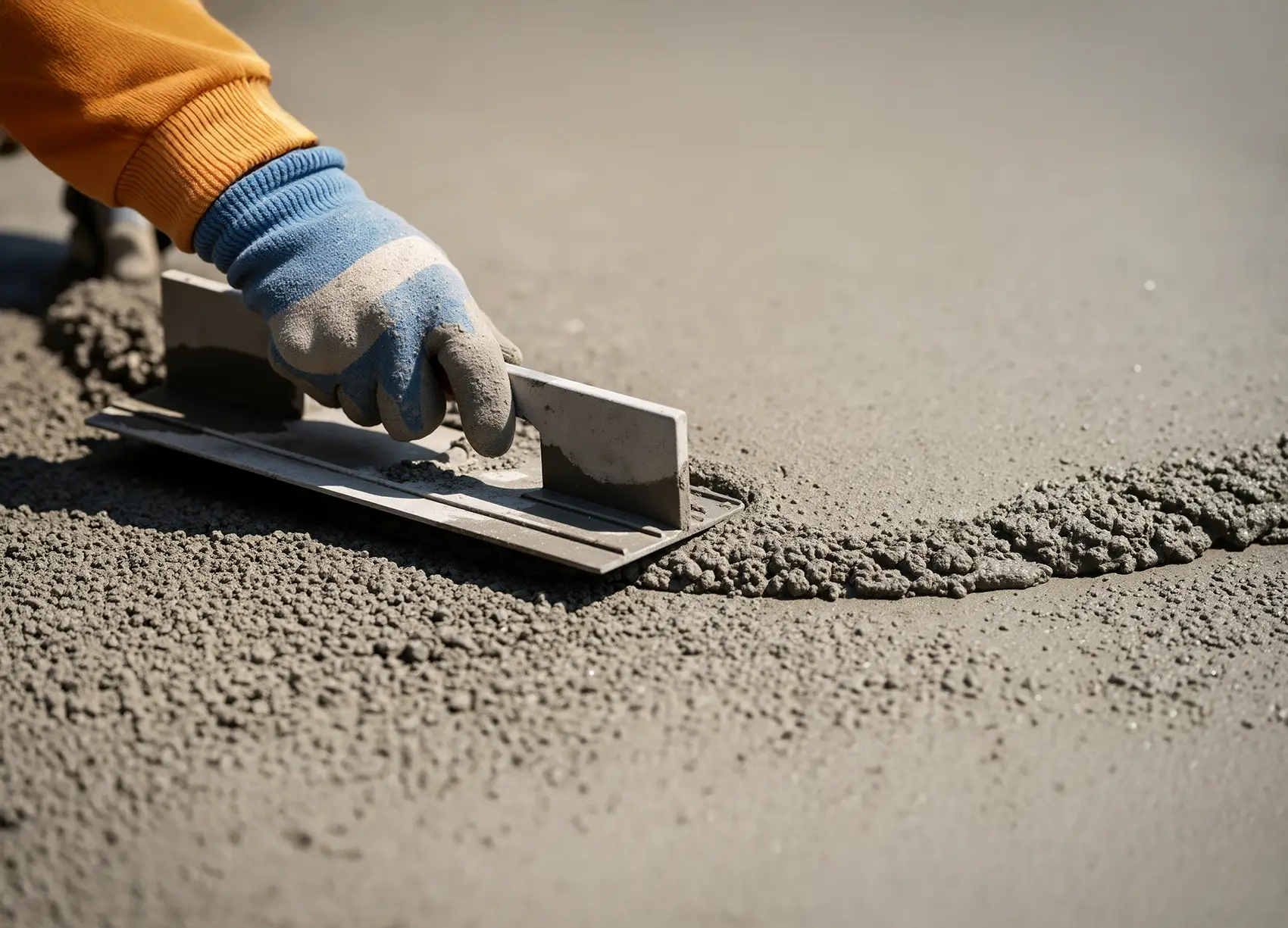 Worker smoothing concrete driveway surface during installation