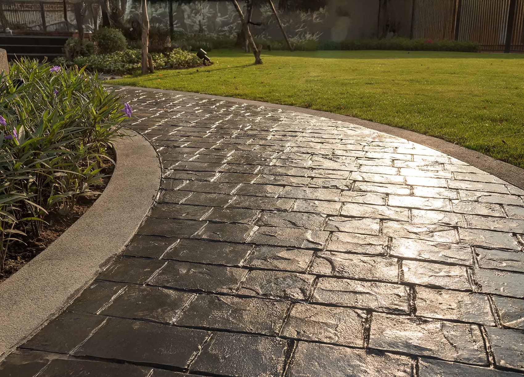 Stamped concrete finish texture showing decorative pattern design